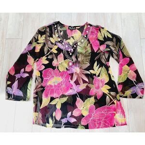 Celina L/XL Black Floral Sheer V-Neck Blouse Beaded Neckline‎ Colorful L/S Black